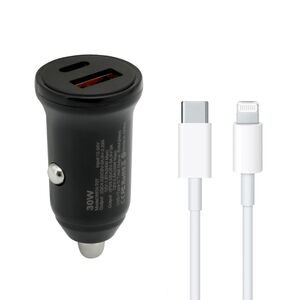 Auto punjac 30W USB-A + Type-C ulaz sa Type-C na Lightning kablom sivi (MS).